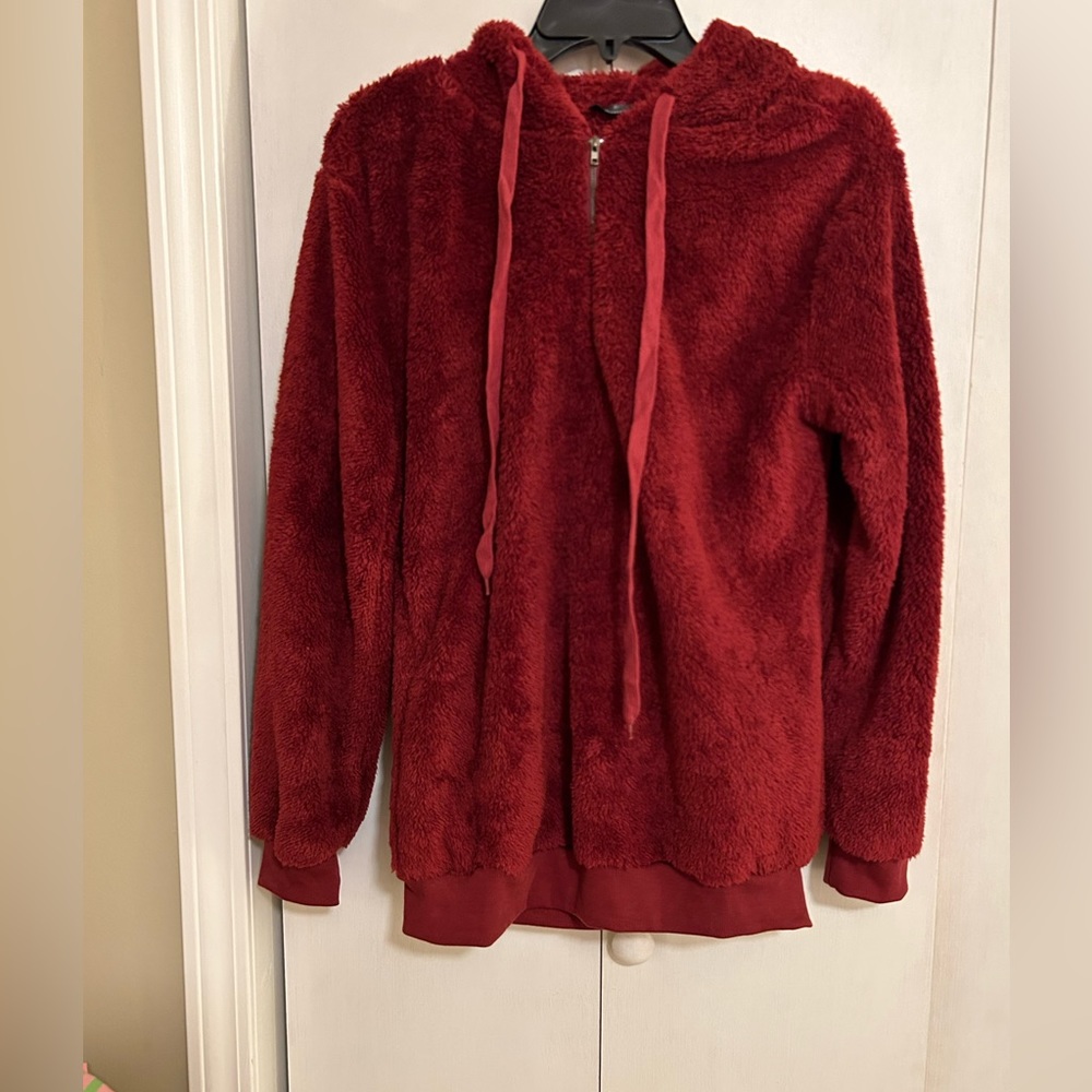 Prettygaden burgundy fuzzy pullover with quarter neck zipper size s